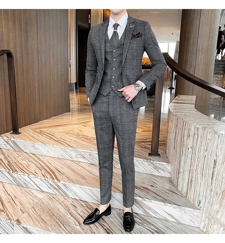 Dark Blue Men's Suit Three Piece, Business Casual Jacket and Vest with Trousers, Gray Dark Brown Slim Fit Sets, Asian Size