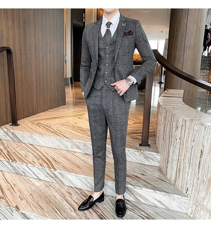 Dark Blue Men's Suit Three Piece, Business Casual Jacket and Vest with Trousers, Gray Dark Brown Slim Fit Sets, Asian Size