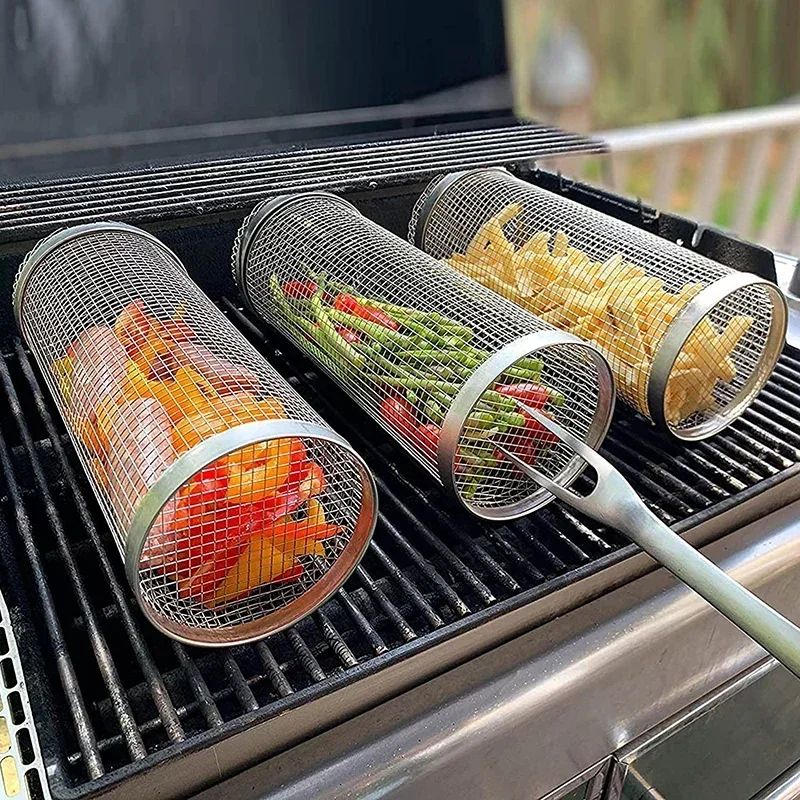 High - Quality Circular Stainless Steel Rolling BBQ Basket - Sturdy Wire Mesh Cylinder - Ideal for Outdoor Camping Barbecuing