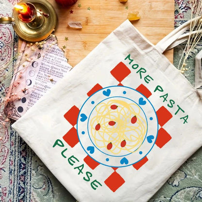 1pcs Pasta Lover Club Artistic Print Canvas Tote Bag Vintage Style Art Bag Luggage Bag Reusable Shoulder Bags