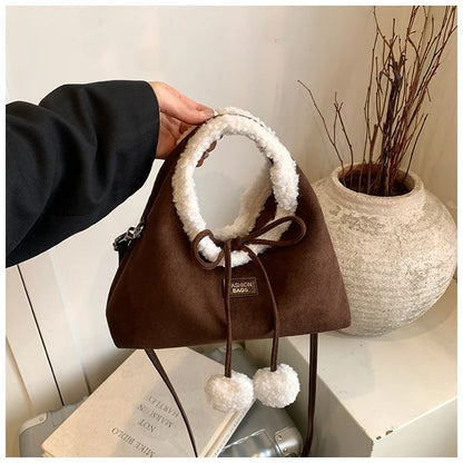 Faux Suede Solid Color Bow Hairy Cute Women's Handbags Christmas Gift Giving Fashion Bags 2025 Autumn/winter New Shoulder Bags