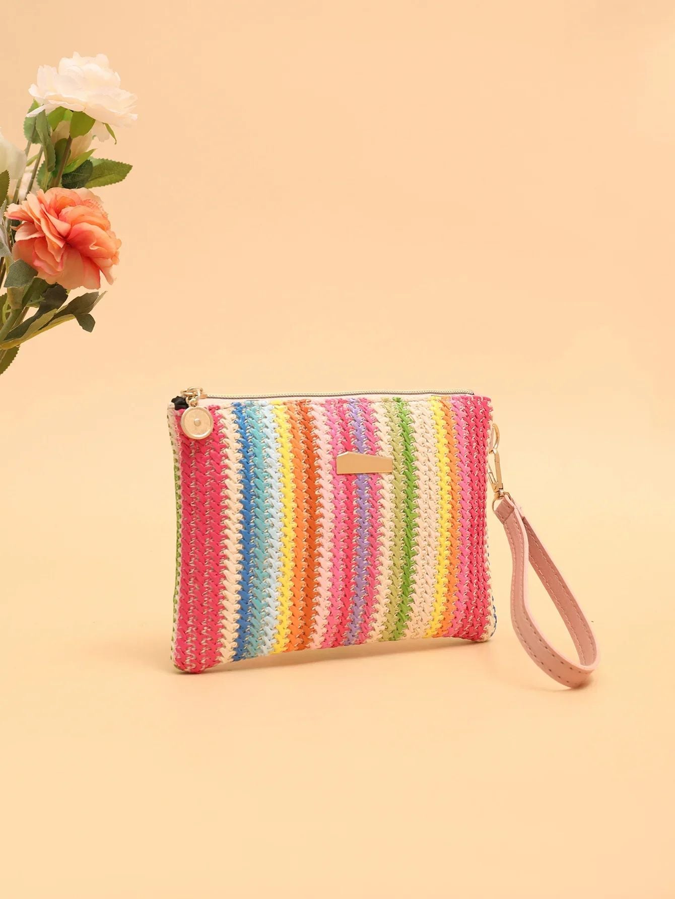 Rattan Knitting Women Straw Bags Fashion Colorful Summer Beach Clutch Bag Female Woven Wristlet Bag Wallet Money Coin Purse