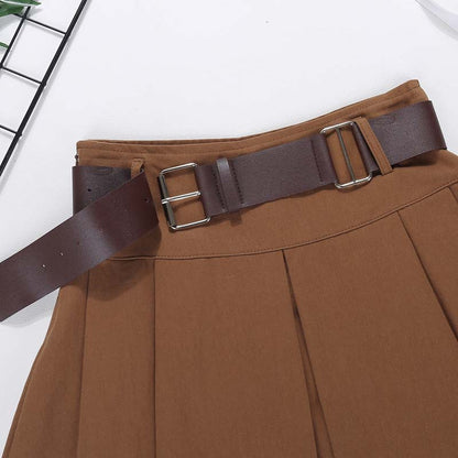 Brown Belted Mini Skirt Low Waisted Pleated Skirt with Belt Women Academia Aesthetic Vintage Outfit
