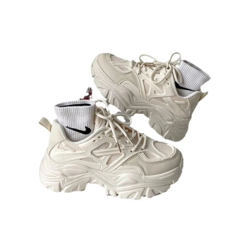 Novos Sapatos Esportivos de Plataforma para Mulheres 2024 Mulheres primavera outono Tênis Casuais Robustos Pretos Sapatos de Plataforma em Malha e Couro para Mulheres