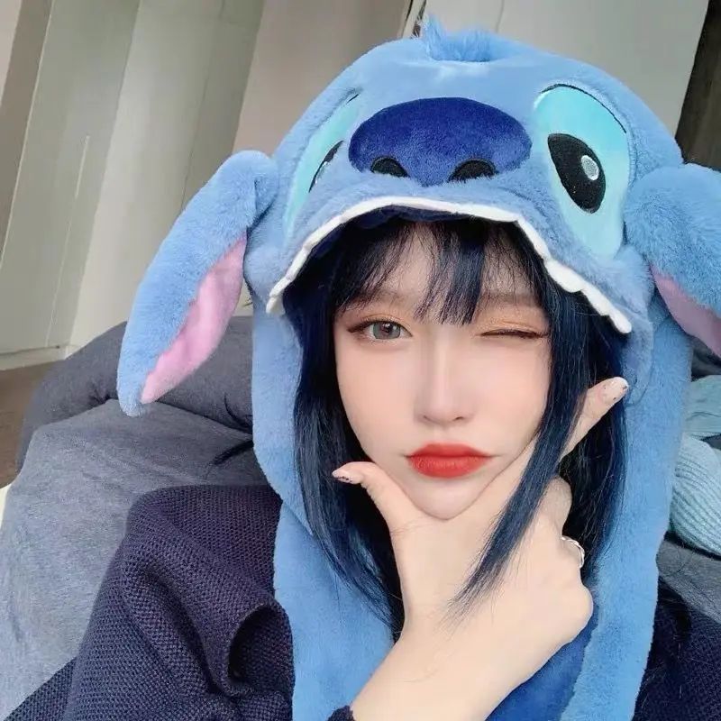 Chapéus de pelúcia Disney Anime Stitch para mulheres, chapéus bonitos de desenho animado com orelhas balançando, presentes para meninas, chapéu quente de inverno infantil