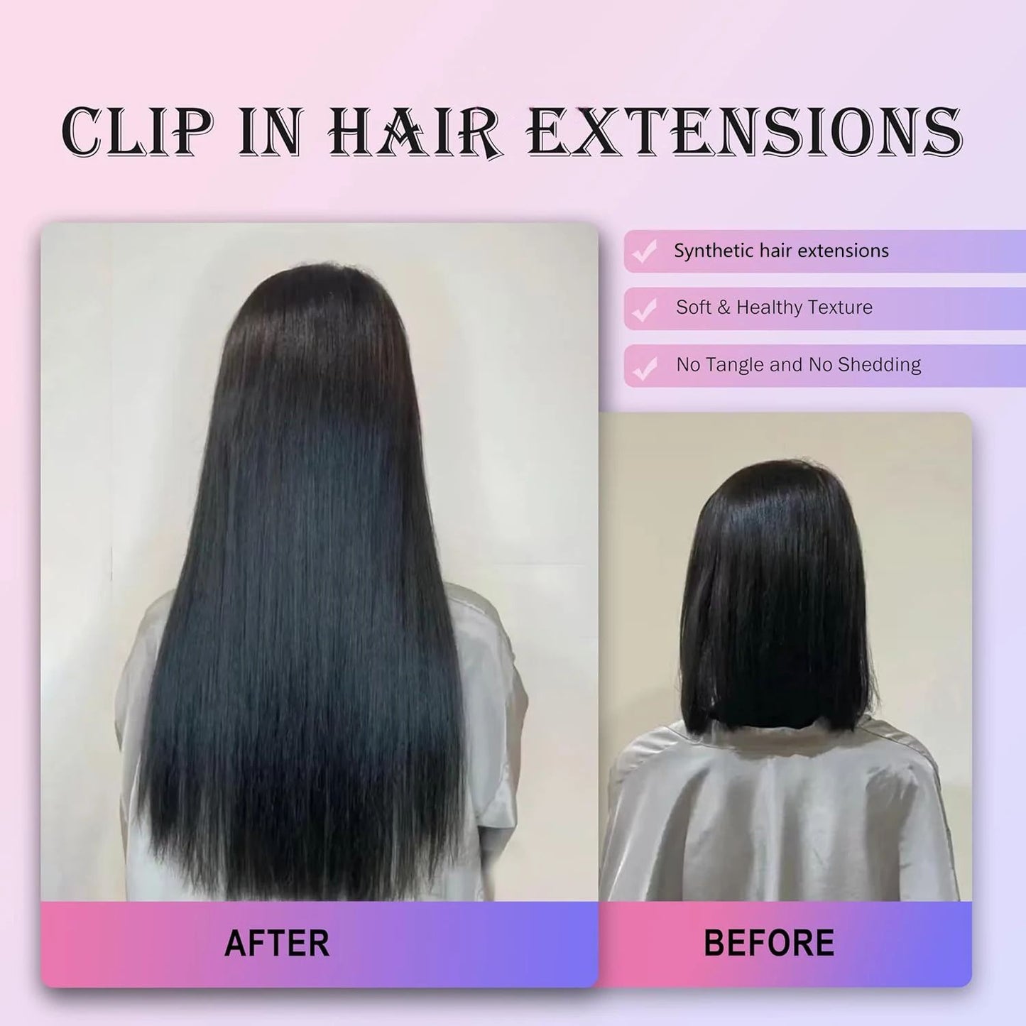 Apliques de Cabelo Preto Liso de 22 Polegadas, 130g, 7 Peças, Sintético, com Presilha