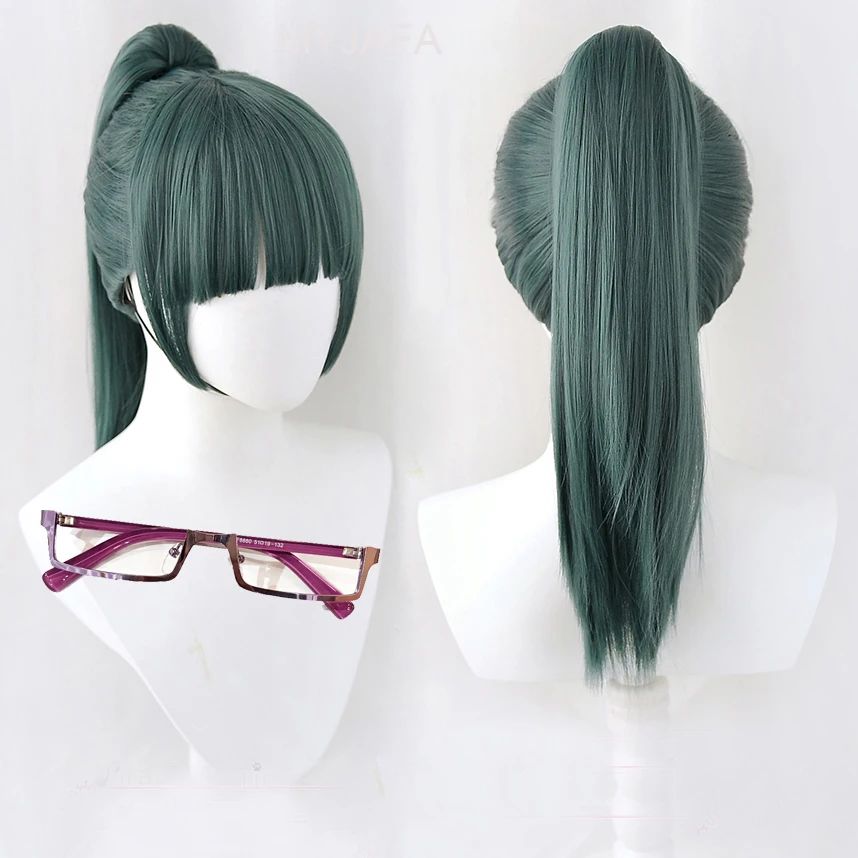 High Quality Maki Zenin Cosplay Wig Jujutsu Kaisen 60cm Dark Green Heat Resistant Synthetic Hair Anime Cosplay Wigs + Glasses