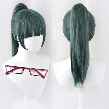 High Quality Maki Zenin Cosplay Wig Jujutsu Kaisen 60cm Dark Green Heat Resistant Synthetic Hair Anime Cosplay Wigs + Glasses