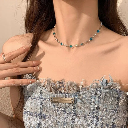 LATS Colar Feminino de Borboleta Cristal Azul Romântico Simples Brilhante Zircônia Camada Dupla Gargantilha Corrente Clavícula Nova Joia Fina