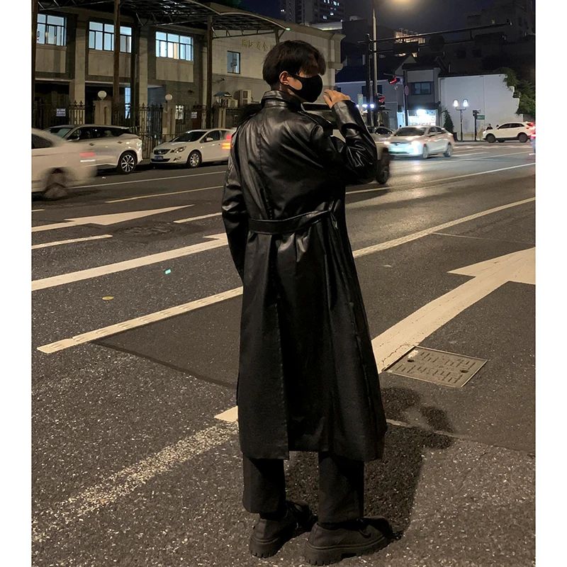 Autumn Trench Coat Men's High-end Luxury Double Row PU Leather Coat Male Long Korean Style Windbreaker Motorcycle Leather Jacket