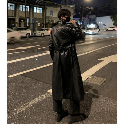 Autumn Trench Coat Men's High-end Luxury Double Row PU Leather Coat Male Long Korean Style Windbreaker Motorcycle Leather Jacket