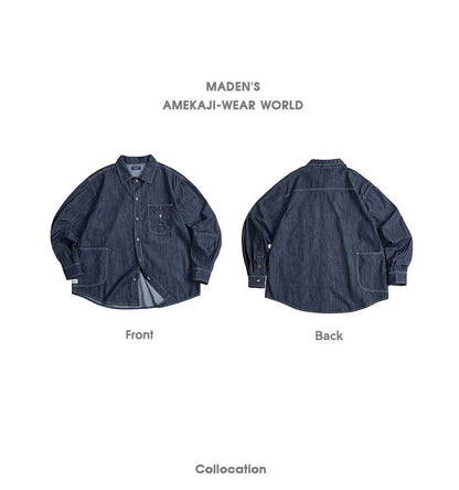 Maden Vintage Washed Pockets Denim Shirt for Men Casual Button Down Long Sleeve Shirt Male Loose Workwear Tops Large Pocket