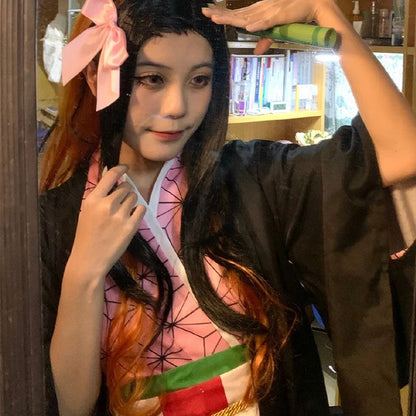 Anime Nezuko Nezuko Cosplay Costume Nezuko Wig Uniform with Props for Adult Kids Halloween Carnival Costumes