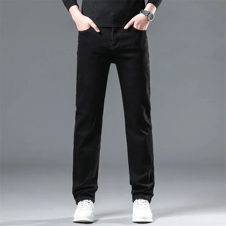 Calça Jeans Masculina Forrada de Lã para Inverno, Reta, Elástica, Preta, de Veludo Grosso, Quente, Casual, Masculina, Tamanhos Grandes
