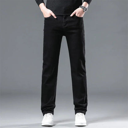 Calça Jeans Masculina Forrada de Lã para Inverno, Reta, Elástica, Preta, de Veludo Grosso, Quente, Casual, Masculina, Tamanhos Grandes