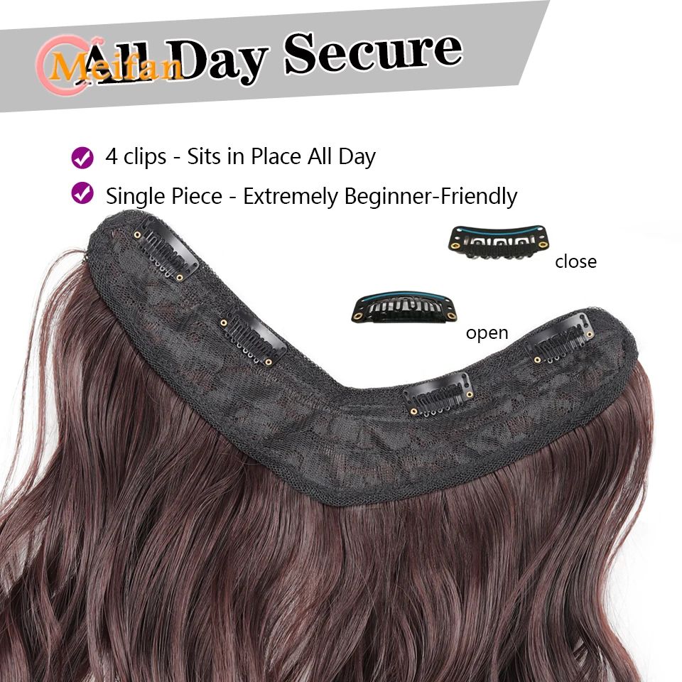 ?Extensões com Presilha em V Cabelo Sintético Ondulado com 4 Presilhas Castanho Preto Extensões de Uma Peça para Mulheres Uso Diário