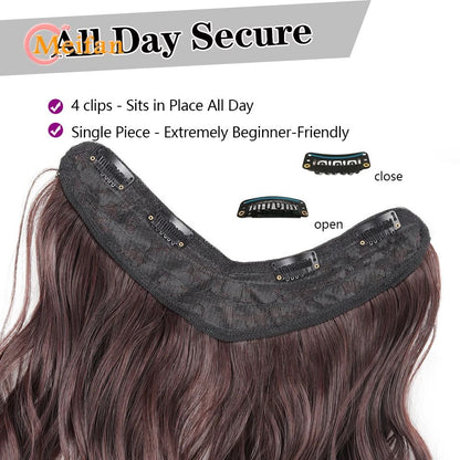 ?Extensões com Presilha em V Cabelo Sintético Ondulado com 4 Presilhas Castanho Preto Extensões de Uma Peça para Mulheres Uso Diário