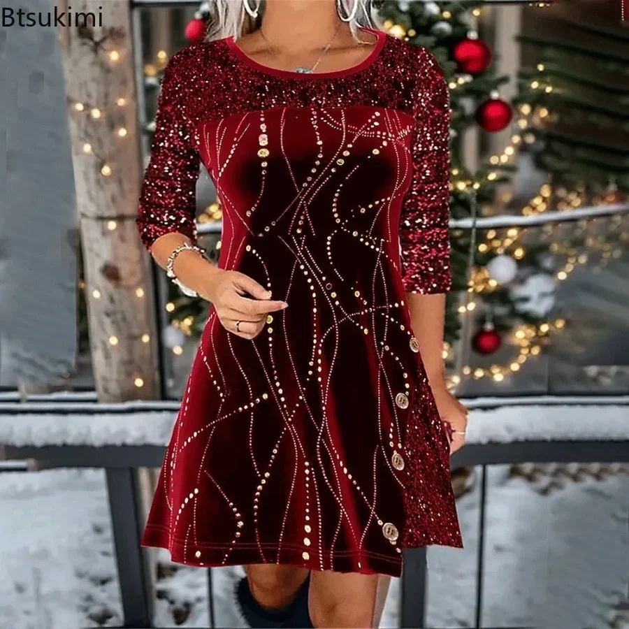 New 2026 Women's Print Casual Christmas Dress Vintage Chic Pattern Mini Dresses Autumn Winter Fashion Sequins Club Party Dress