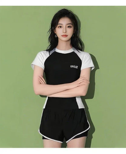 Sporty Two-Piece Swimsuit Short Sleeve plus Size Concealing Conservative Flat Footwear for Hot Springs Swimming Costume