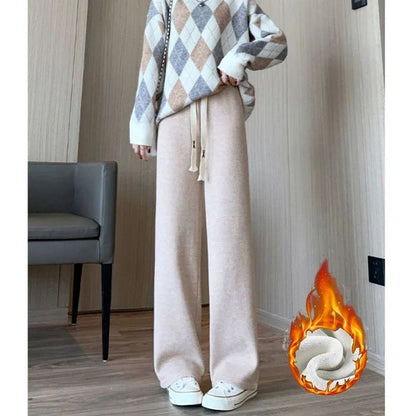 Winter Lady Korean Fashion High Waist Fleece Pants Women Slim Fit Straight Leg Plush Trousers Girls Snow Warm Casual Pants