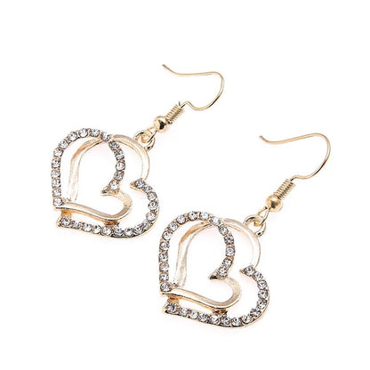 Conjunto de Joias Coração de 3 Peças Brincos Colar com Pingente para Mulheres Conjunto de Joias Duplo Coração de Strass Elegante e Moderno