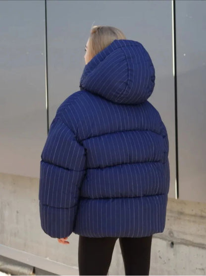 Women's Pinstripe Oversized Puffer Jacket Full Sleeve Detachable Hood Zipper Warm Coat 2025 Autumn Winter Female Casual Wear