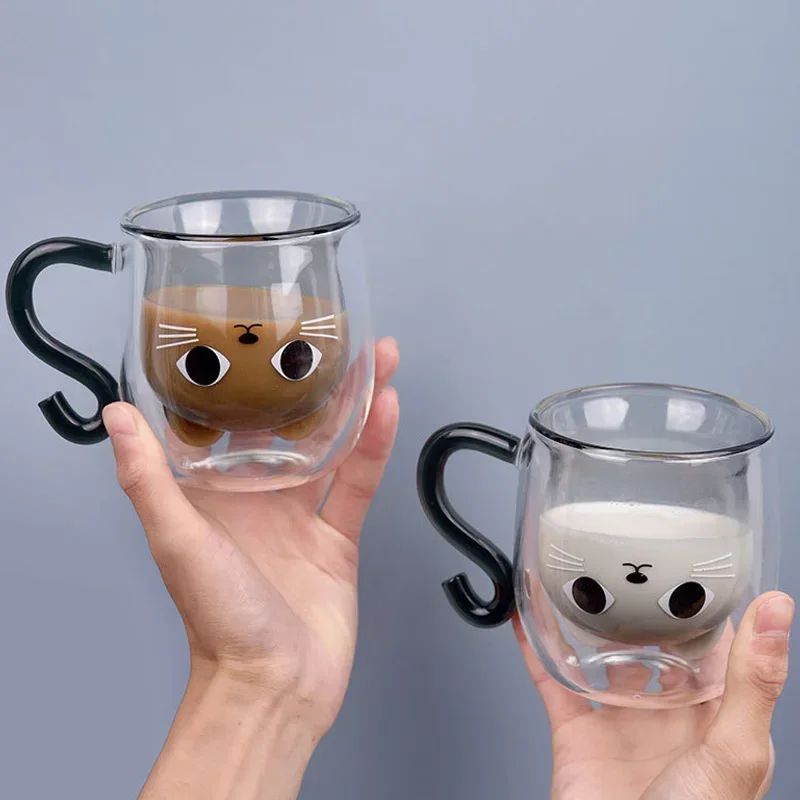 Copo de Vidro de Parede Dupla Gato Criativo 250ml com Alça Copo de Café Fofo Caneca Resistente ao Calor Utensílio de Cozinha para Escritório