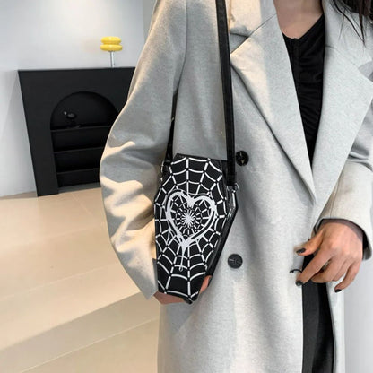 Women Fashion Shoulder Bag Large Capacity Coffin Shaped Casual Satchel Bag Adjustable Strap Spider Web PU Leather Chic Hobo Bag