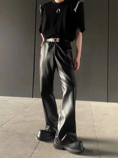 American Retro High-End PU Leather Casual Pants Men's Niche Design Loose Wide Leg Versatile Long Trousers