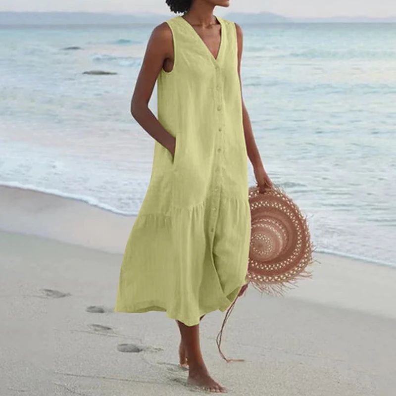 Summer Loose Casual Patchwork Cotton Linen Pocktes Dress V Neck Beach Style Dres