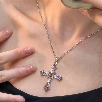 Colar Cruz Punk Y2K Rosa Roxo Zircão 2025 para Mulheres Pingente de Strass Corrente Clavícula Charme Joias de Festa Presentes
