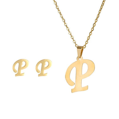 Conjunto Feminino de Colar e Brincos de Aço Inoxidável com Letra Inicial do Alfabeto A-Z - Joias Personalizadas de 26 Letras Inglesas - Presente