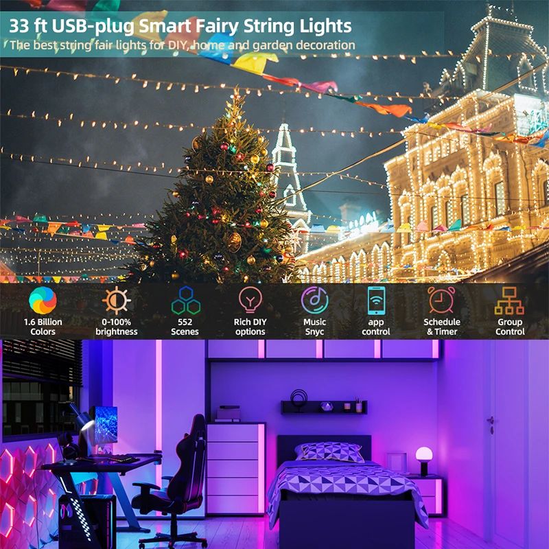 USB RGBIC LED Fairy Lights WS2812B Bluetooth Smart Control Dream Color Music Sync Waterproof Garland Holiday Wedding Decor Lamp