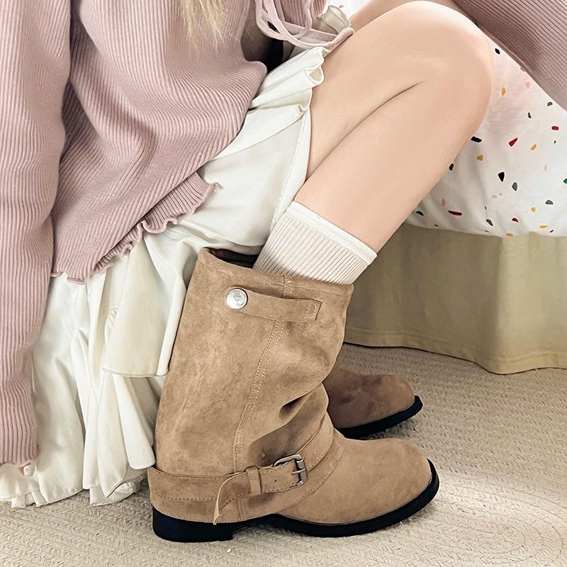 Vintage Thick Heel Women Western Cowboy Boots Fashion Belt Buckle Slip On Shoes Ladies Pleated Short Booties Autumn Winter