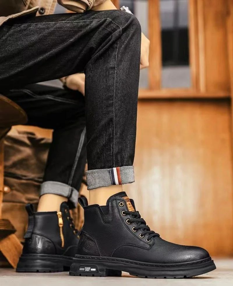 Men's Boots Fashion Motorcycle Boots High-top Casual Leather Boots for Men Plush Warm Winter Boot Non Slip Platform Boot Botas