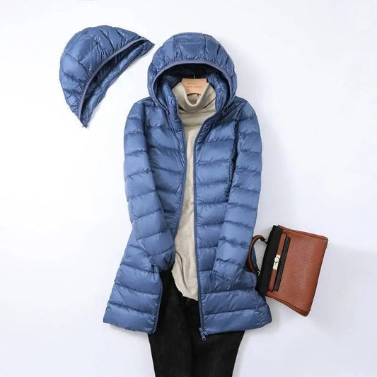Hoody Long White Duck Down Coat Autumn Winter Portable Hooded Puffer Down Jacket Women Casual Double Zipper Windproof Thin Light