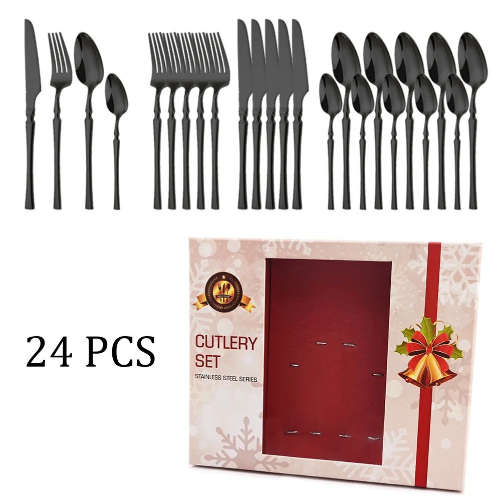 Conjuntos de talheres de Natal 24 peças, aço inoxidável, faqueiro de jantar, faca, garfo, colher de chá, louça de luxo para cozinha, caixa de presente