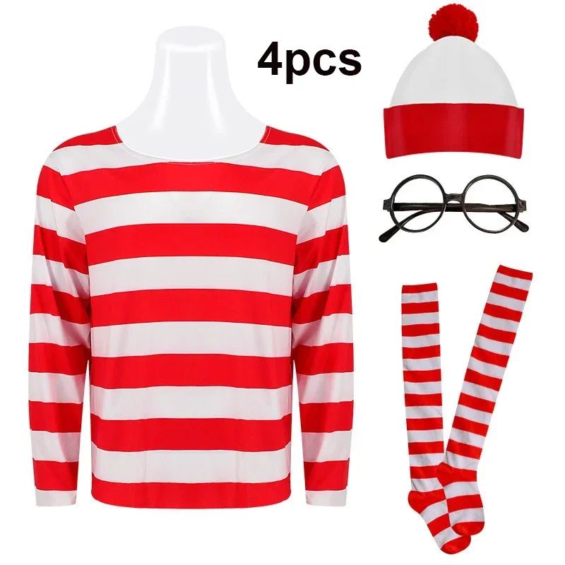 Wheres Waldo Striped Shirt Youth Boys Wally Costume Shirt Glasses and Hat Socks Unisex Adults Carnival Cosplay Costume