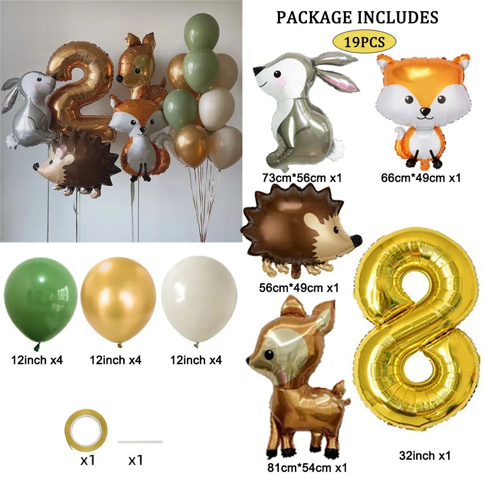 19pcs Hedgehog Deer Fox Rabbit Balloon Set Gold Number Balloon Woodland Animal Happy Birthday Party Decorations