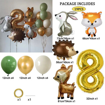 19pcs Hedgehog Deer Fox Rabbit Balloon Set Gold Number Balloon Woodland Animal Happy Birthday Party Decorations