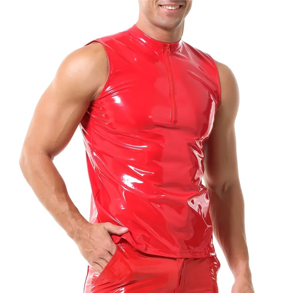 Mens Sexy Shiny PVC Leather Tank Top Vest Erotic Glossy Wet Look Leather T-Shirt Sleeveless Shaping Tank Top Vest Night Clubwear