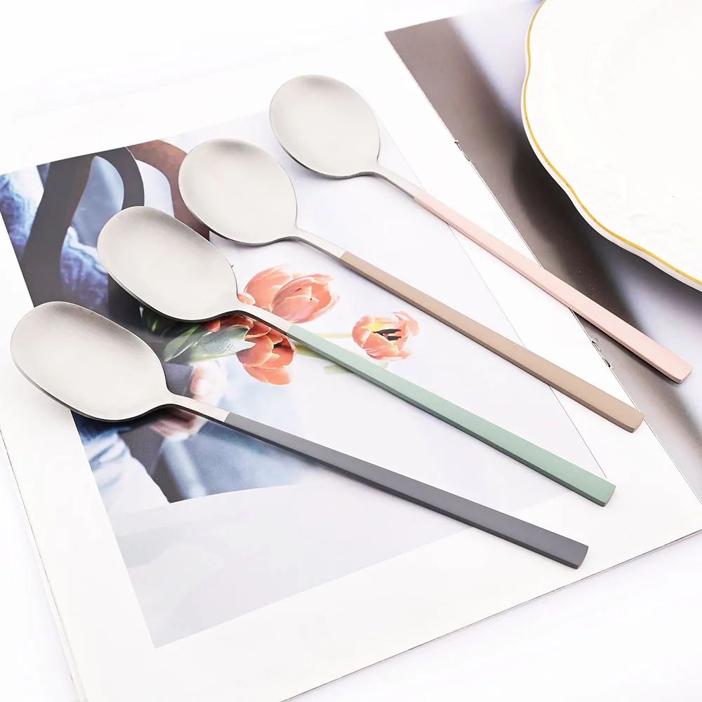 2Pcs Sushi Chopsticks Spoon Flatware Set Korean Colorful Silver Matte Tableware Stainless Steel Cutlery Set Spoon Dinnerware Set
