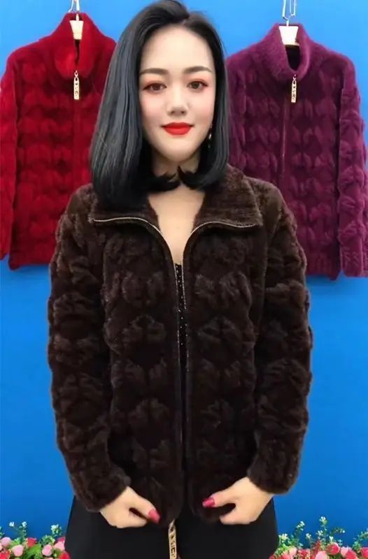 Plus Size Women's Thickened Long Sleeve Faux Mink Coat Autumn Winter Fashionable Jacket for Older Women And Young Mothers