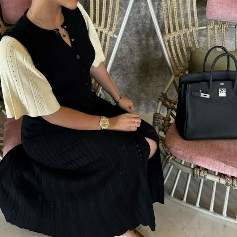 Elegant Knit Dress For Women White Slim O-neck Single Breasted Short Sleeve Long