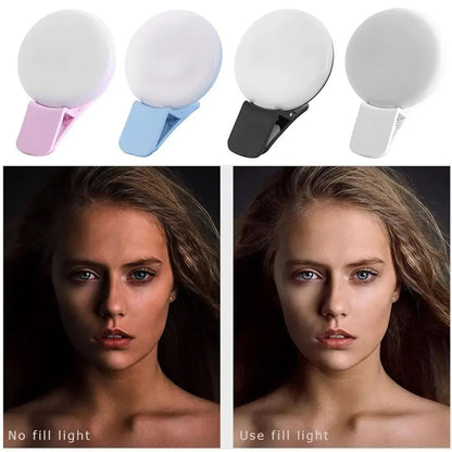 Luz de Anel LED para Celular Portátil Mini Durável Prática com Três Níveis de Brilho Fotografia em Círculo Clipe de Luz de Preenchimento