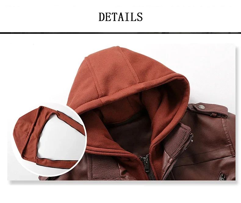 APPEARWAY Spring Antumn Men Brown Leather Motorcycle Jacket With Removable Hooded Male PU Jacket Coat EU Size High Quality