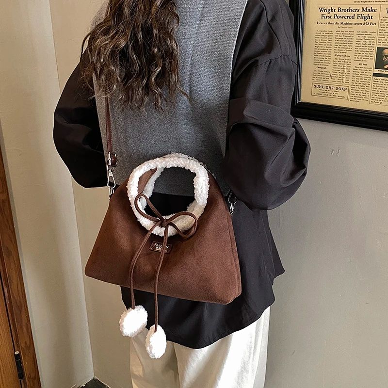 Faux Suede Solid Color Bow Hairy Cute Women's Handbags Christmas Gift Giving Fashion Bags 2025 Autumn/winter New Shoulder Bags