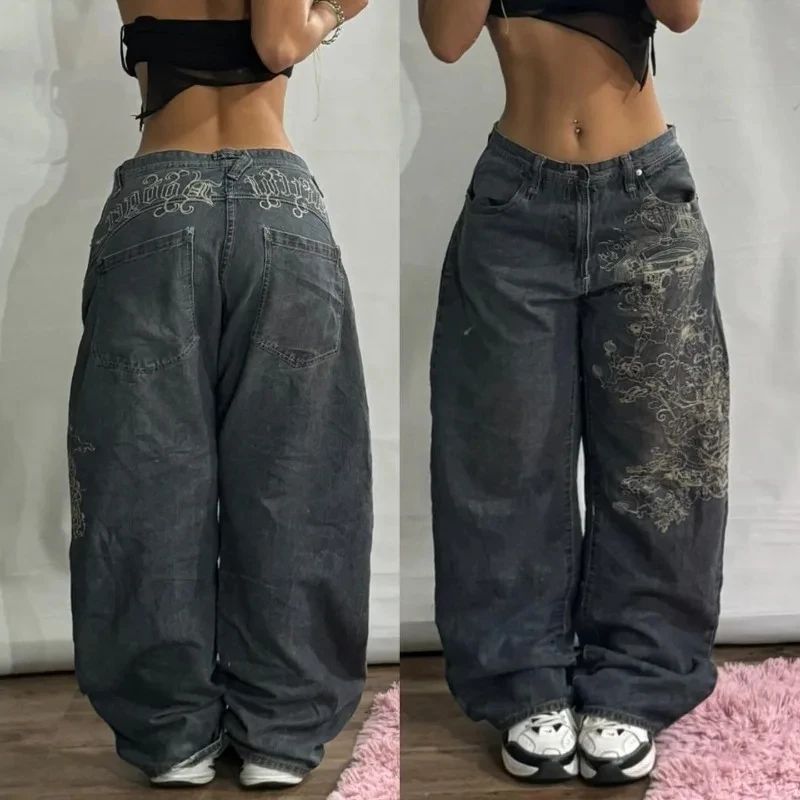 Streetwear Fashion New Pattern Embroidery Black Washed Baggy Jeans Female Y2K Gothic Hiphop Popular Casual Lovers Wide-leg Pants