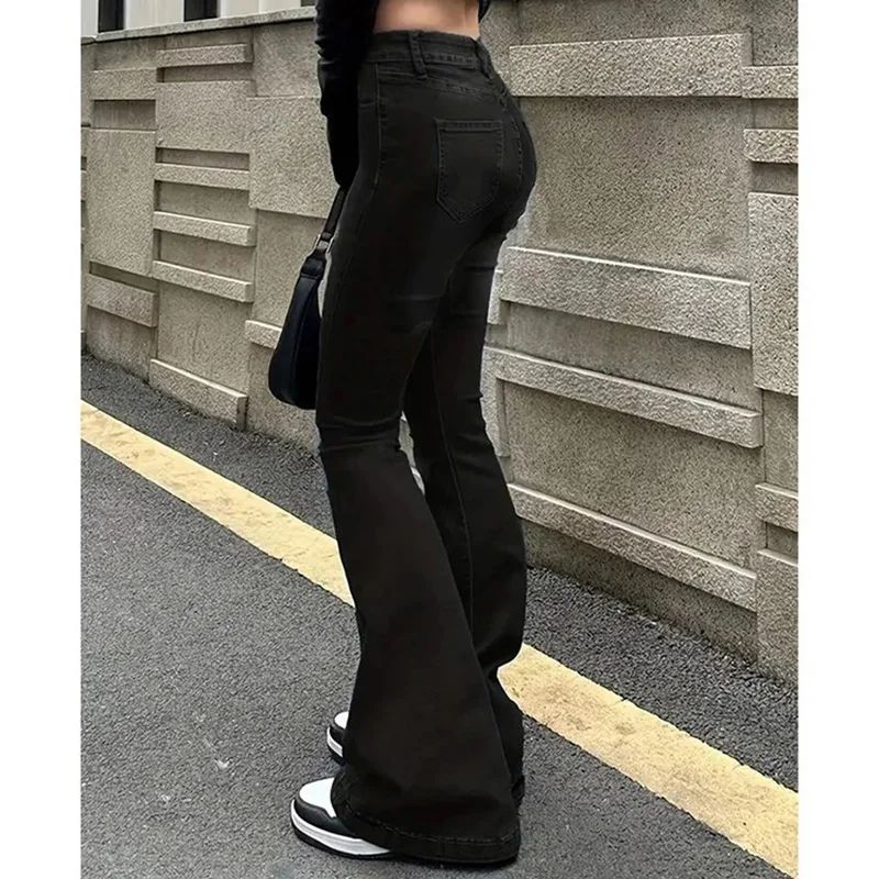 2025 Girls Concise Ins High Waist Flared Jeans Female Stretchy Bootcut Denim Pants Women Solid Color Thin Bell Bottoms Trousers