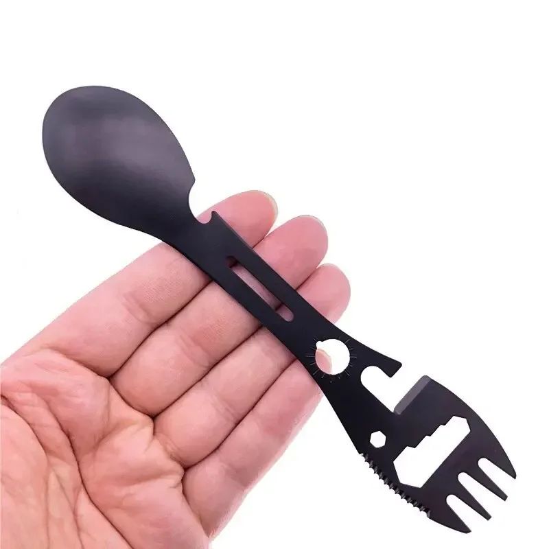 Outdoor Multi-functional 5-in-1 EDC Camping Survival Tool Stainless Steel Fork Knife Spoon Can Opener Bottle Opener Wrench